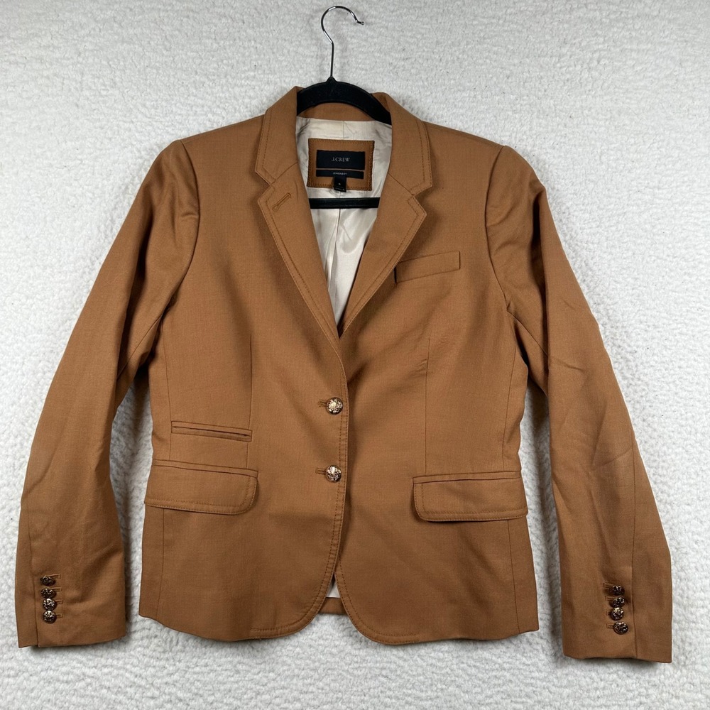 J.Crew Schoolboy 100% Wool Blazer Womens 8 Gold Crest Button Brown Academic